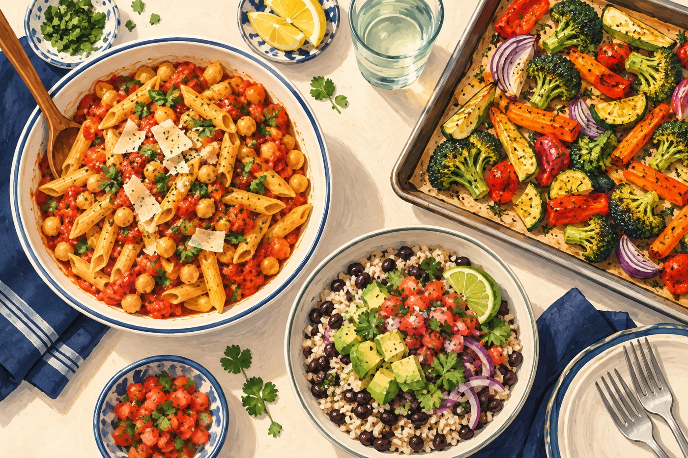Illustration of simple vegetable, bean and pasta dinners on a table